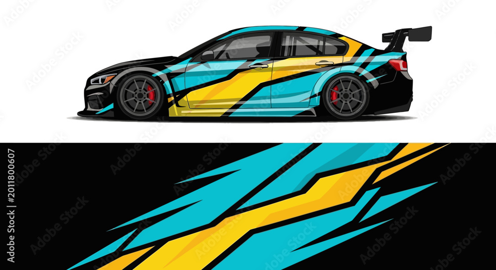 Fototapeta premium Vibrant race car with blue yellow lightning livery in profile shot for dynamic motorsport image.