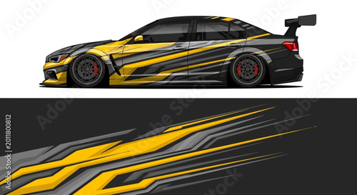 Canvastavla Side view of a custom race car with bold yellow and black flame livery and sleek aerodynamic design