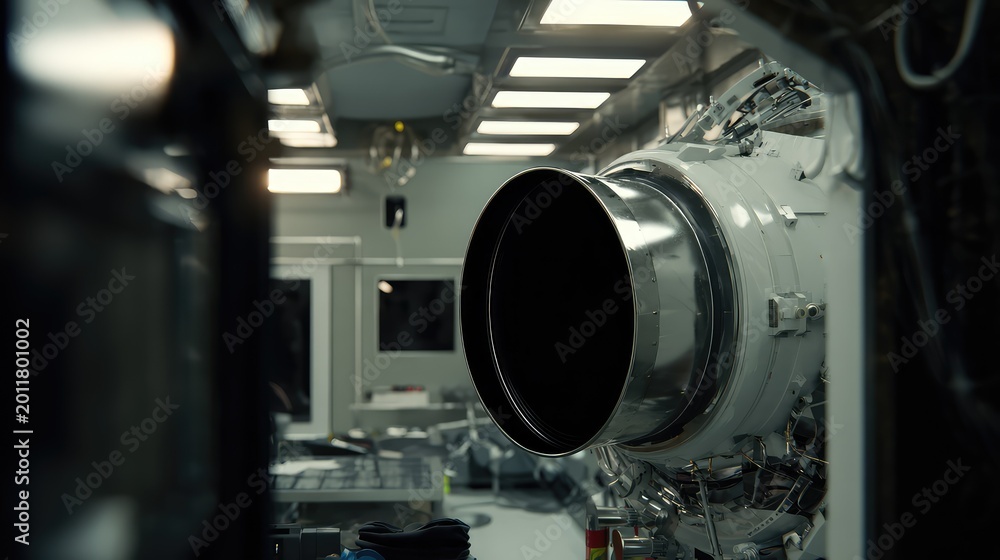 Fototapeta premium Advanced spacecraft engine undergoing development inside a futuristic science laboratory, showcasing cutting edge propulsion technology for space exploration and research