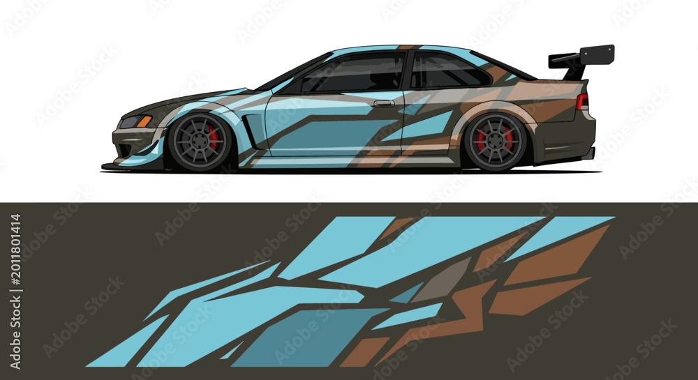 Fototapeta premium Sleek racing car with turquoise blue and brown graphics from a side view.