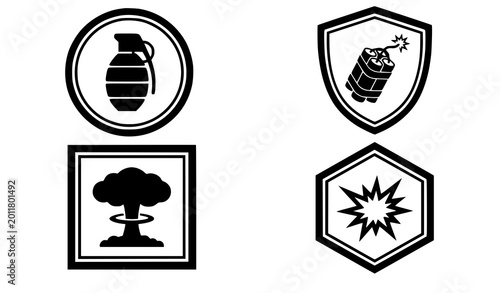 Photography Explosion badge icon set vector bomb grenade and blast symbols in geometric embl
