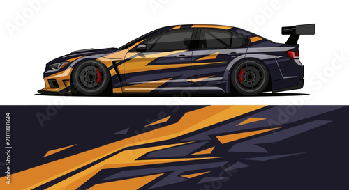 Photos Sleek orange and black race car silhouette with dynamic graphics and motion