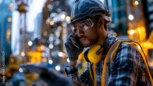 Asian Construction Engineer Talking on Phone at Building Site at Night
