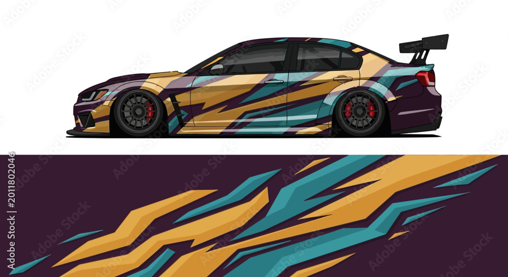 Εκτύπωση καμβά Vibrant stylized race car side profile with fiery teal and orange graphics