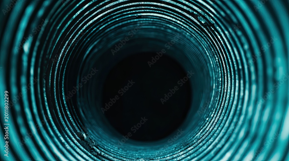 Fototapeta premium Abstract tunnel presenting a spiraling ribbed texture, creating a captivating sense of depth and mystery, with teal light illuminating the metallic surface around a dark core