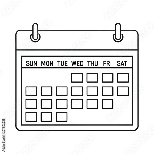 A simple black and white outline icon of a desk or wall calendar showing days of the week and empty date squares.