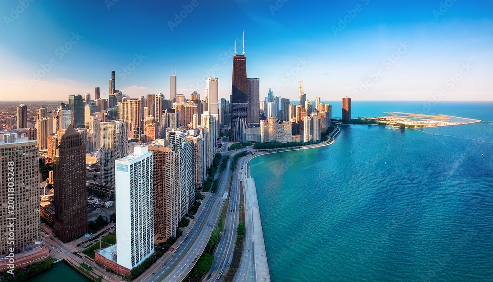 Obraz premium chicago skyline aerial drone view from above city of chicago downtown skyscrapers and lake michigan cityscape illinois usa