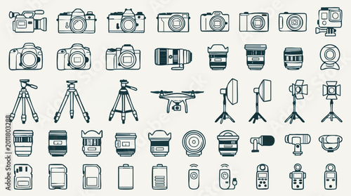 Tableau sur toile Set of outline icons for photography and videography equipment and accessories