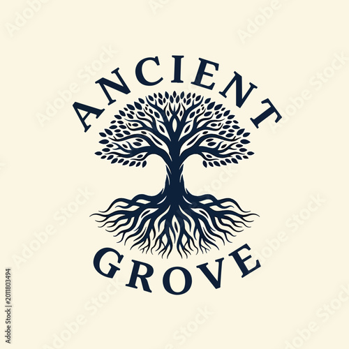 Ancient Grove circular emblem featuring a detailed tree with roots.