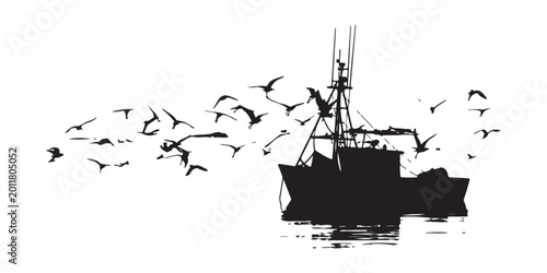 Schilderij op canvas Fishing boat with flying birds vector illustration, marine wildlife scene with trawler and seagulls