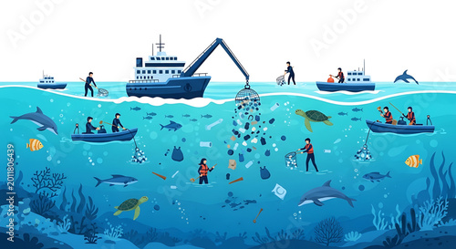 Ocean cleanup concept with people collecting plastic waste from the sea