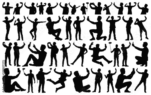 Men Taking Selfies Silhouette Collection, Vector Illustration Isolated on Transparent Background