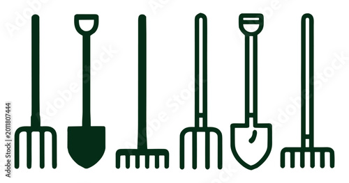 Bild auf Leinwand Aset of garden tools pitchfork rake shovel silhouettes vector illustration on t