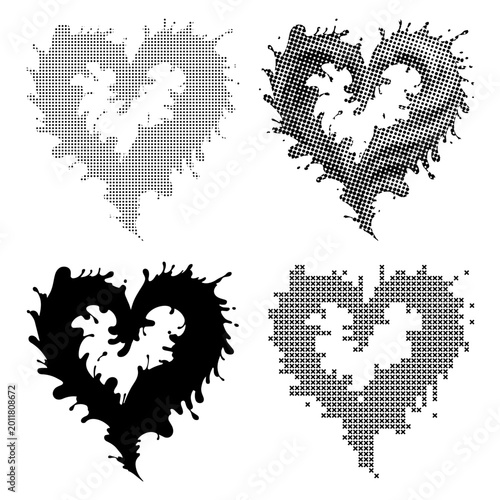 Heart shapes collection halftone and splash effect black and white