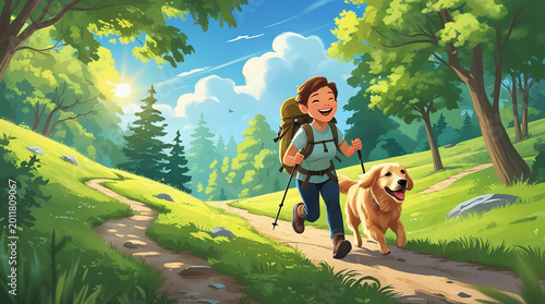 A vibrant outdoor scene of a person hiking with their dog, surrounded by lush green trees, majestic mountains, and a clear blue sky, conveying a sense of nature, freedom, and unforgettable experiences