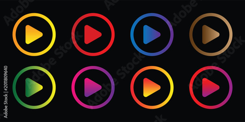 Colorful Neon Play Button Icons Set. multimedia, media control, glowing, ui, modern, gradient