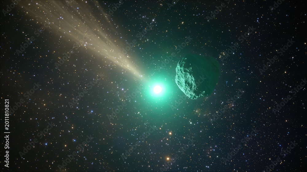 Fototapeta premium Comet with a bright green coma and glowing tail traveling through the star filled cosmos, a large asteroid accompanying it on its celestial journey across the universe
