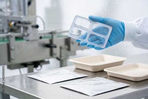 Fotografie Gloved hand holding blister pack of empty capsules in a sterile production facil