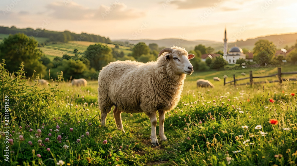Obraz premium Sheep Grazing in Green Meadow at Sunset with Village Background