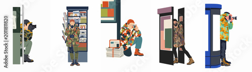 Foto Flat illustration series of urban photographers in camouflage gear taking secret street photos and paparazzi shots in various city locations