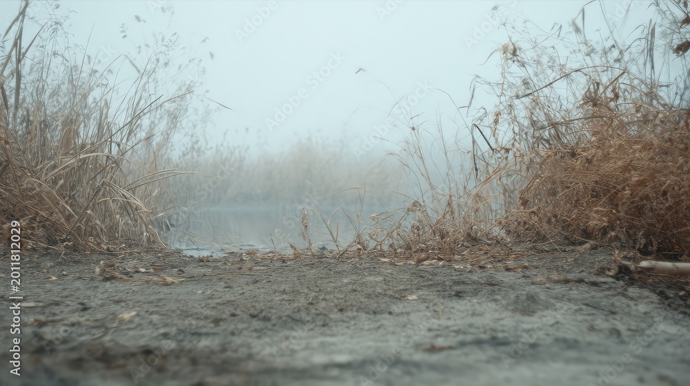 Fototapeta premium Natural wetlands landscape shrouded in dense fog during an early morning, featuring dry reeds and tall grass along the serene water's edge creating a mysterious outdoor atmosphere