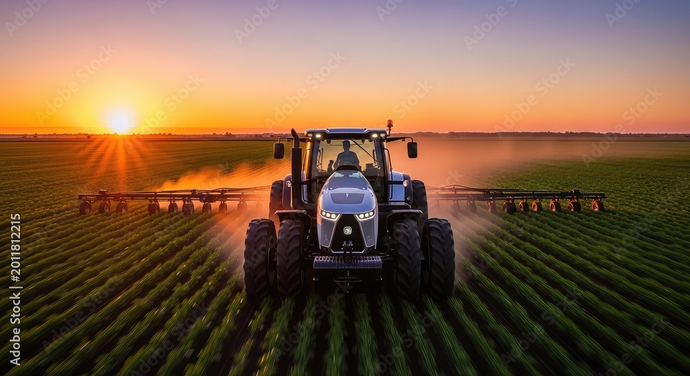 Obraz premium A sleek modern tractor powers through a vast farm field at sunset, utilizing renewable biofuel technology for sustainable crop cultivation, technology, machinery, field
