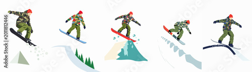 Foto Set of five vector illustrations showcasing a snowboarder performing various jumps, tricks, and stunts in a snowy winter mountain landscape