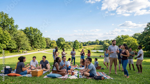 A diverse group of friends enjoying a sunny outdoor picnic in a lush green park with trees and a pond.