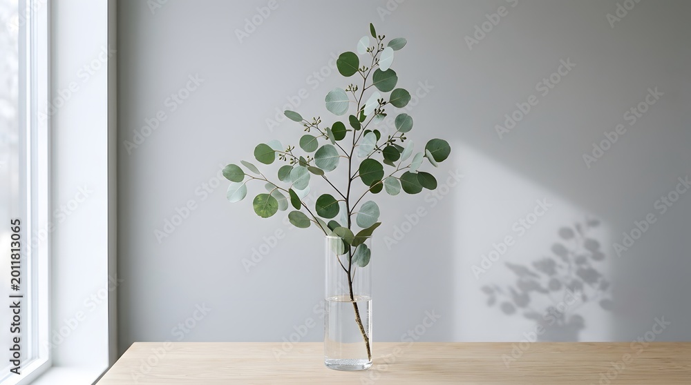 Obraz premium Minimalist home decor featuring a eucalyptus stem in a glass bottle on a light wood surface
