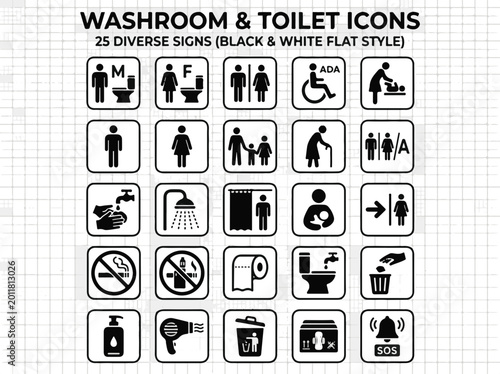 Photos Collection of Diverse Black and White Flat Icons for Restroom and Toilet Signs