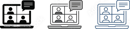 Virtual meeting icons on laptop screen with speech bubble and participant gallery for remote work.