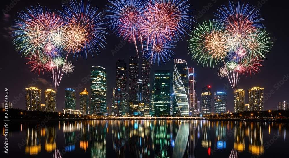 Obraz premium Colorful fireworks burst in the dark night sky over a modern urban skyline with glowing skyscrapers reflecting in the calm river water, reflection, pyrotechnics, background