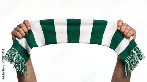 football fan holding a scarf green and white isolated on white background soccer concept ideas