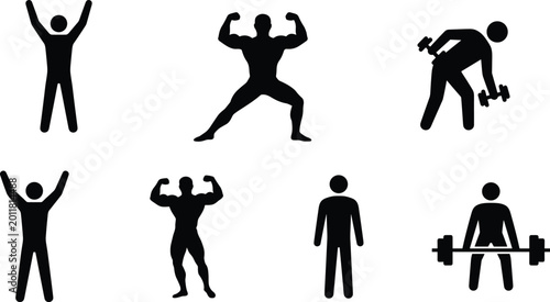 Fotografie Fitness and bodybuilding pictogram collection showing various gym actions like l