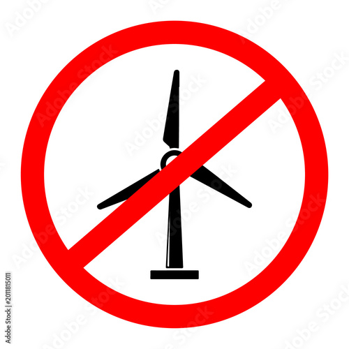 Wind turbine prohibition symbol with silhouette against a plain backdrop symbolizing renewable energy opposition isolated on transparent background
