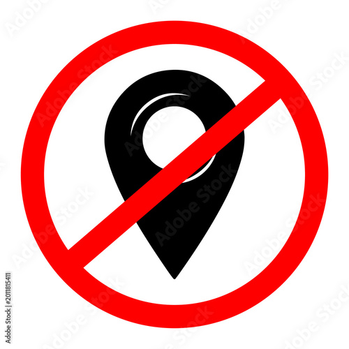 Red prohibition symbol against location marker concept for no travel or restricted access isolated on transparent background