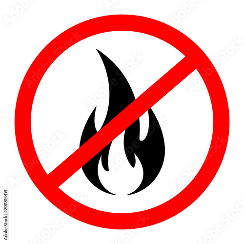 Red prohibition sign with a flame symbol inside against a clean backdrop indicating no fire or open flames allowed for safety warnings