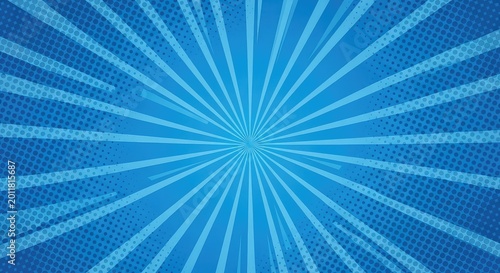 Vibrant blue comic book background featuring dynamic halftone patterns, exploding sunburst rays, and ample blank copy space for messages, digital, pattern, blue