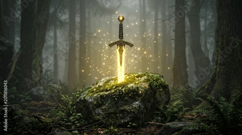 Excalibur Sword Emerging from a Stone in a Mystical Forest