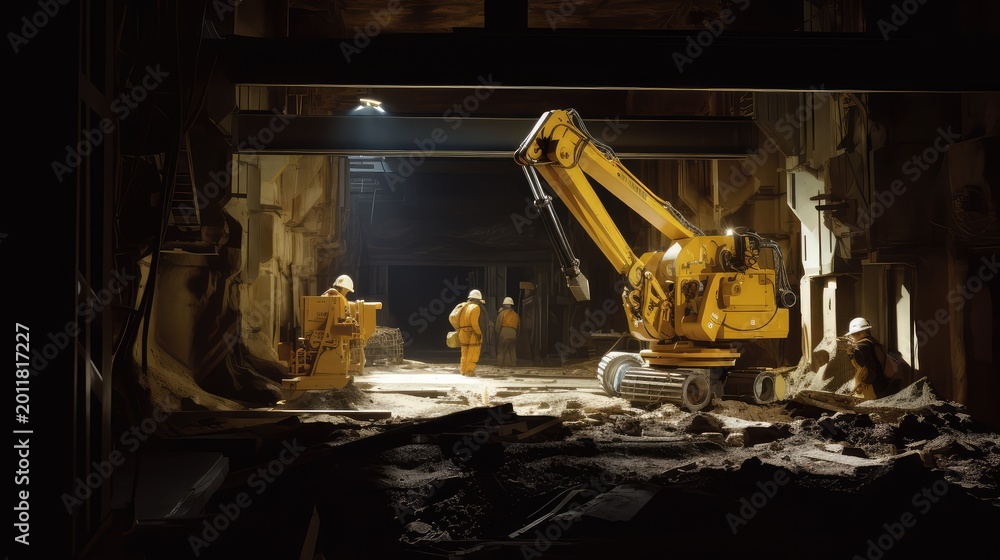 Fototapeta premium Workers in protective gear overseeing large excavation equipment and construction machinery deep inside an underground tunnel, demonstrating progress in a major infrastructure project