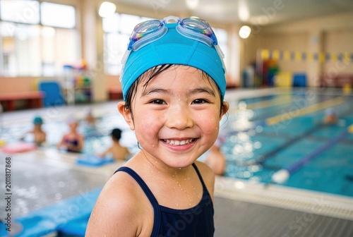 Happy Child Enjoying Swimming Lesson ,Water Activity and Learning Concept