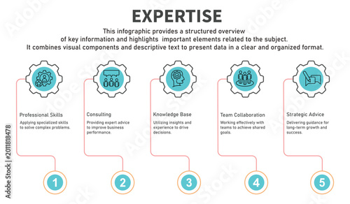 Infographic template Expertise containing expert,consulting,knowledge,team,advice with circle gear line color containing 5 steps