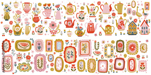 Folk Art Floral Frames and Decorative Botanical Elements	