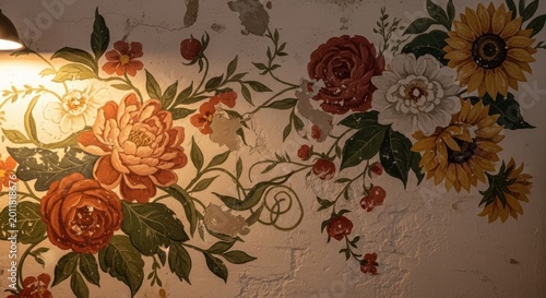 Hand-painted floral mural with vintage roses and lush green foliage on an aged textured wall