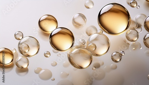 transparent cream oil drops floating on white background with soft elegant light