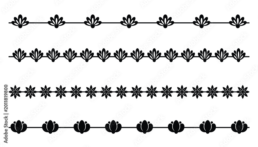 Fototapeta premium Vector set of decorative floral borders, vector dividers with stylized flowers and leaves for page decoration, invitations, and stationery