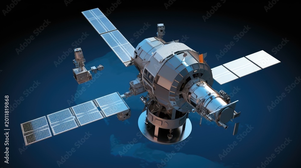 Fototapeta premium Space station orbiting a distant planet with large solar arrays and advanced tech, symbolizing scientific research, renewable energy, and futuristic space exploration systems