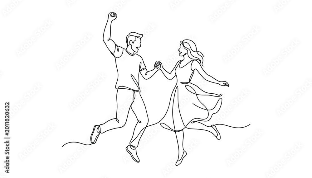 Obraz premium Vector continuous line drawing of a happy couple jumping and holding hands, joyful man and woman celebrating success together