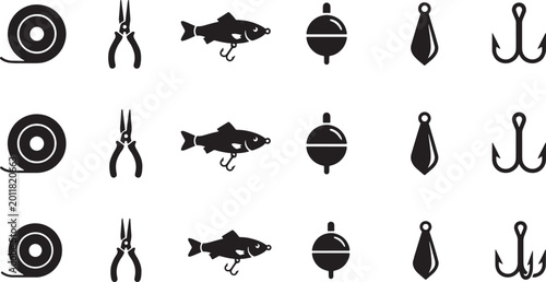 Canvas Print Fishing tackle icon set with line spool, pliers, lure, bobber, sinker and treble