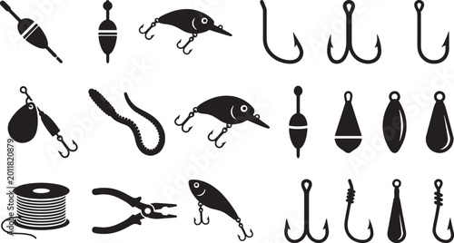 Tableau sur toile Fishing tackle silhouettes set with hooks, lures, bobbers, sinkers, line spool a